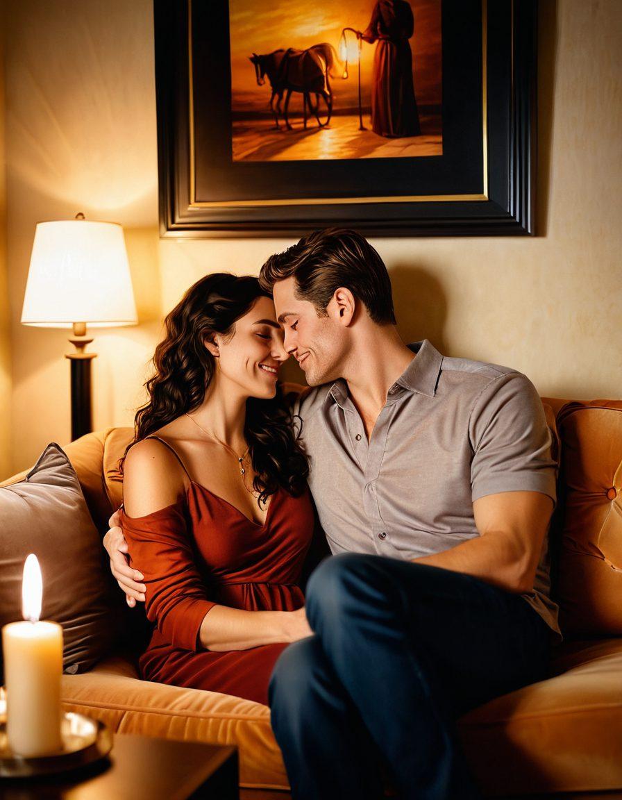A warm, inviting scene depicting an intimate moment between a couple, surrounded by soft lighting, cozy furniture, and personal touches like photographs and candles. The couple is engaged in a meaningful conversation, showcasing emotional connection and trust. Highlight elements that symbolize communication and affection, such as intertwined hands and gentle smiles. Style it as a super-realistic painting with rich, warm colors to evoke feelings of love and intimacy.