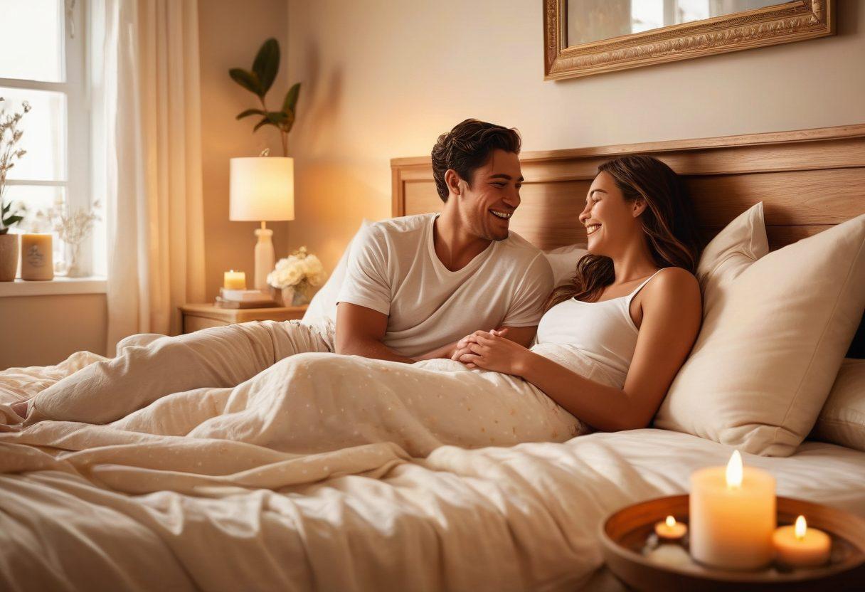 A warm and inviting bedroom scene with a couple laughing and enjoying each other's company, surrounded by soft pillows and warm lighting. In the background, expressions of connection and love are depicted through intimate touches and smiles, symbolizing closeness and communication. Subtle hints of wellness items like scented candles and essential oils add to the ambiance. illustrations of hearts and gentle waves enhance the feeling of intimacy. super-realistic. warm colors. soft focus.